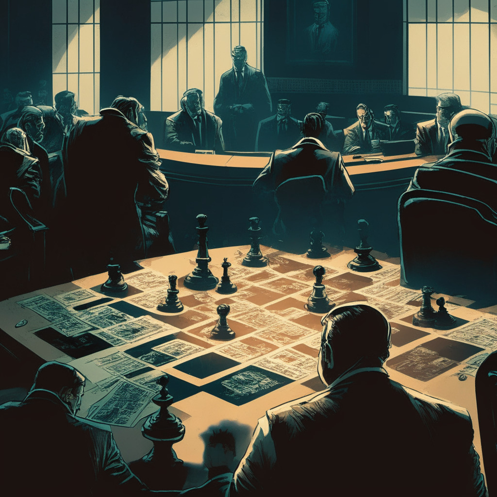 Crypto courtroom scene, Ripple vs SEC battle, intense discussion, dimly lit room, contrasting shadows, tension in the air, chessboard with Ripple and SEC logos, attorney John Deaton thoughtfully observing, high-stakes, risk and opportunity, uncertain future, crossroads decision, muted colors, prevalent sense of urgency, intricately woven composition, legal documents scattered.