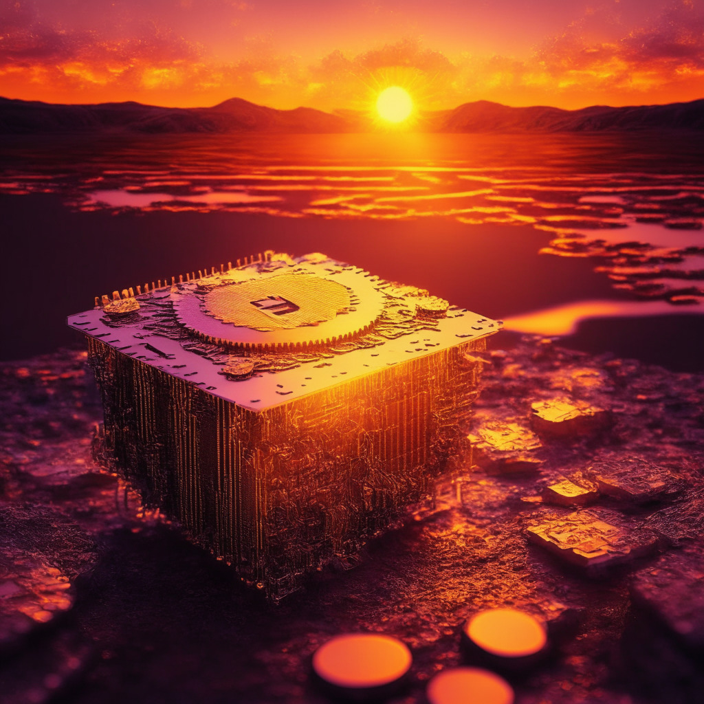 Revolutionary 5nm Bitcoin mining chip prototype, decentralizing mining rig supply, open-source tech, intricate yet efficient design, sunset-hued background, optimistic atmosphere, embracing innovation, empowering global community, sustainable mining future, artistic blend of technology and nature.