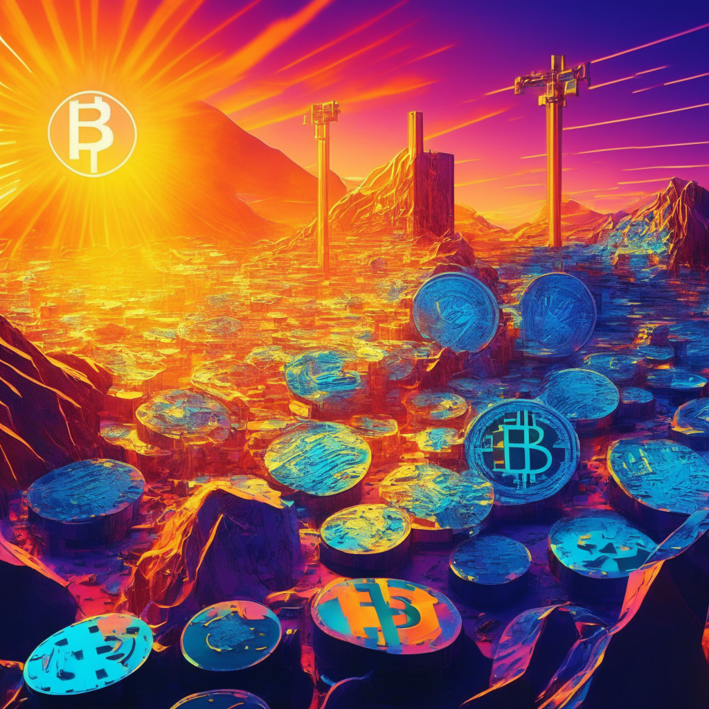 Cryptocurrency mining scene in vibrant colors, accelerated growth with impressive equipment, warm sunset light casting dramatic shadows, technological advancements on display, air of slight skepticism and uncertainty, underlying determination and ambition, swirling rays of optimism amidst the volatility of the crypto market, rapid evolution of blockchain technology.