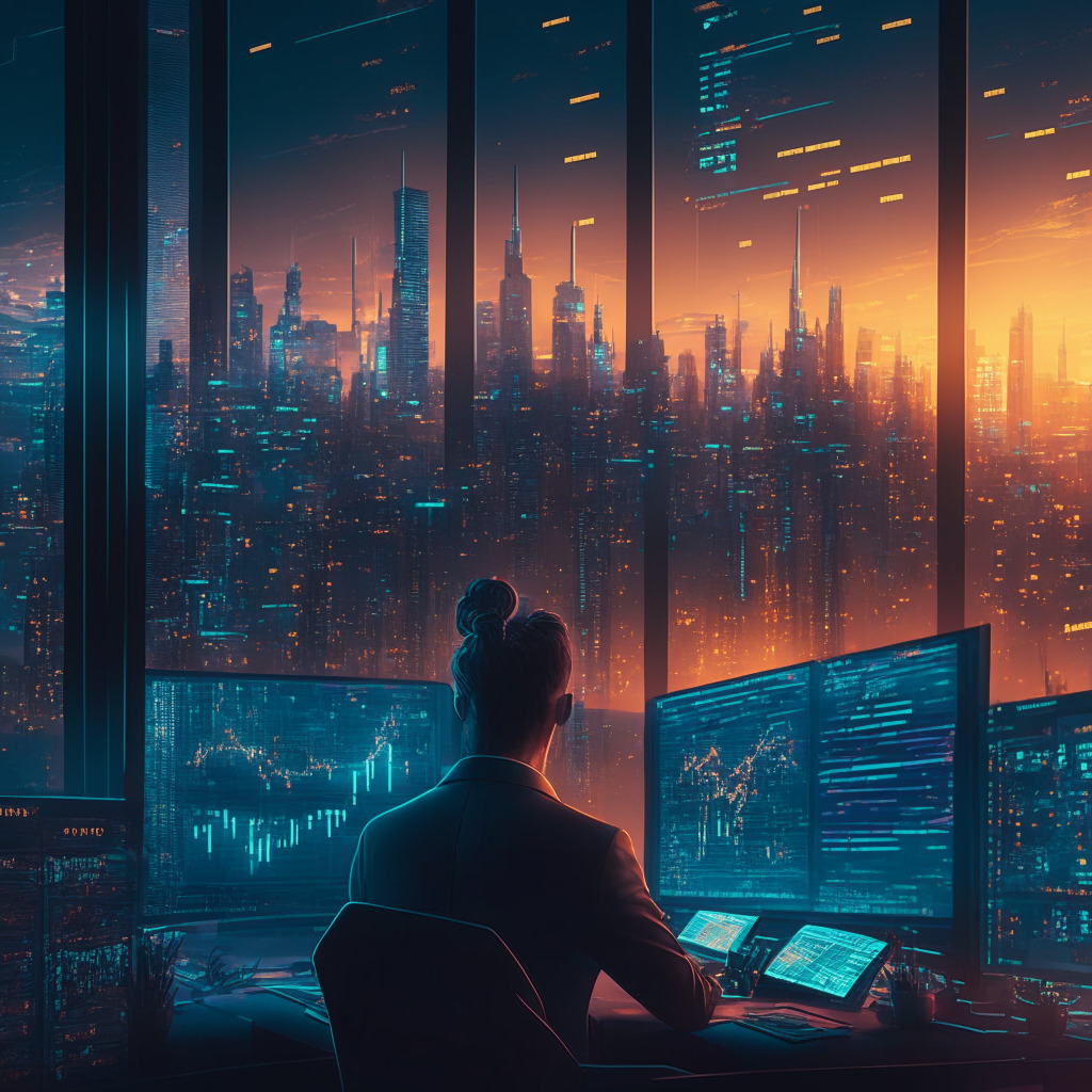 AI-powered trading scene, intricate analytical tools, futuristic market dashboard, dusk city skyline backdrop, warm ambient light, Baroque art style, introspective mood, confident investors, crypto tokens glowing, delicate balance of risk & reward.