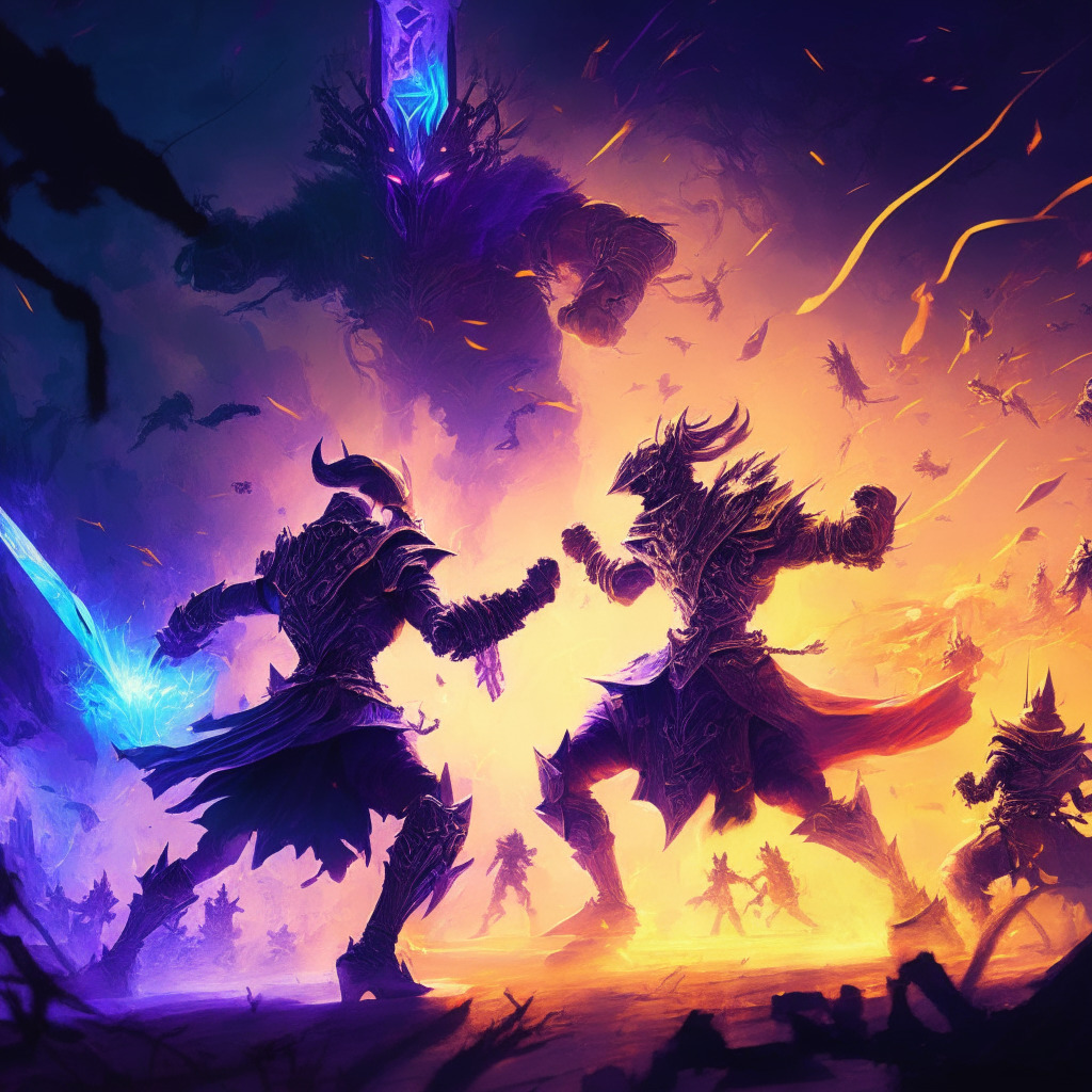 Intricate blockchain battle scene, zkSync and Arbitrum as fierce warriors, contrasting light and shadows, zkSync emitting bright glow, Arbitrum shadowy and mysterious, lively energy of chaos and competition, both displaying notable achievements and concerns, backdrop of enchanted Ethereum landscape, dynamic painting style with vibrant colors, intense yet intriguing mood.