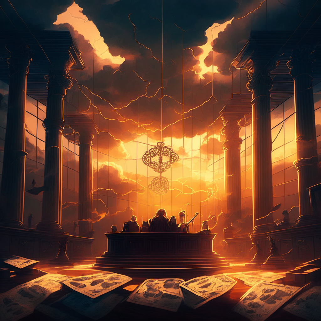 Sunset-lit courtroom scene, scales of justice and virtual currencies, melancholic atmosphere, baroque art style, contrasting shadows. Gavel on blockchain, tangled web of connections, collapsing domino pieces representing crypto firms, a stormy regulatory cloud looming above.