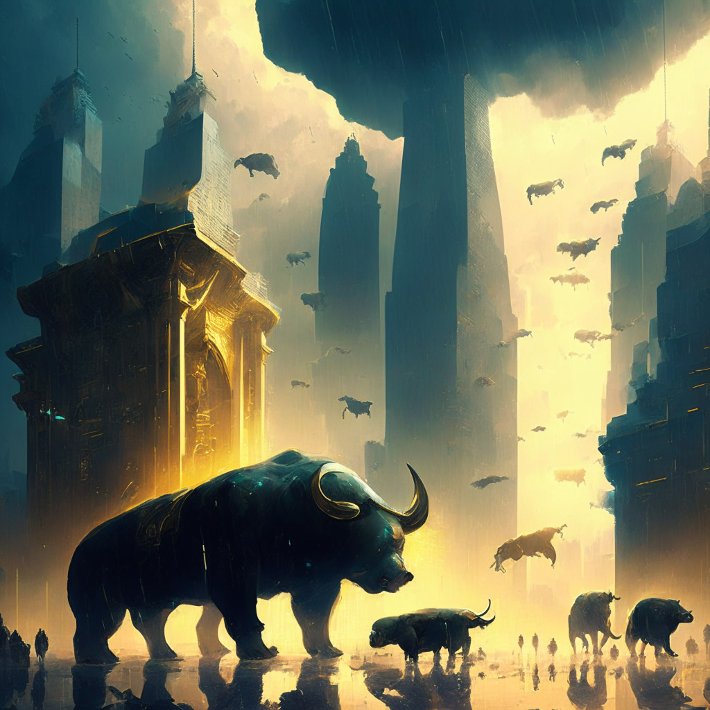 Intricate futuristic cityscape, split: half vibrant bull market, half tumultuous bear market, golden tokens raining over the city, ethereal light cast on prominent figures trading tokens, shadows of whale figures looming, swirling storm clouds, hint of uncertainty in the air, chiaroscuro technique, conflicting emotions depicted.