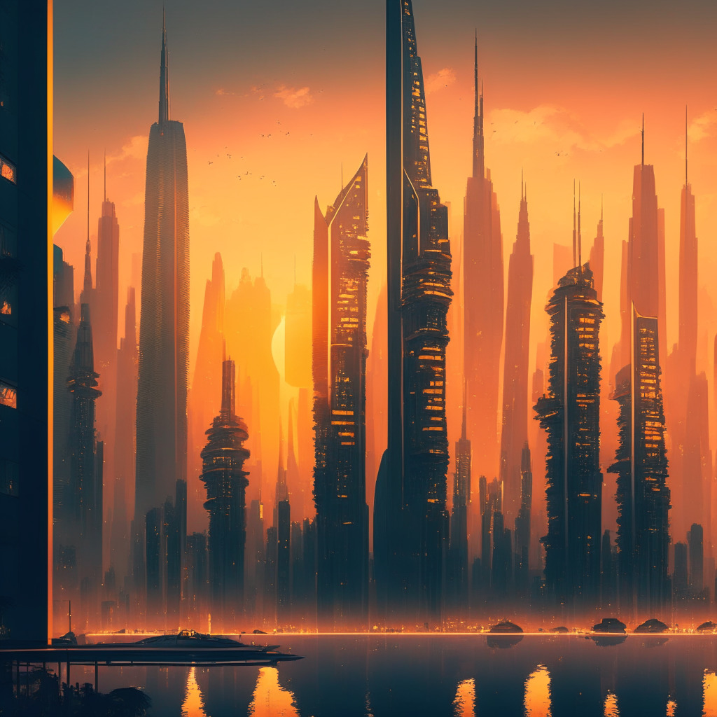 Futuristic cityscape, Hong Kong skyline at dusk, warm golden-hour glow, Baroque architectural style, bustling energy, soaring crypto-themed skyscrapers, artistic depictions of altcoin surges, a clever mix of Chinese and global influences, a tranquil investor analyzing data, sustainable investment choices highlighted, overall mood: optimistic yet cautious.