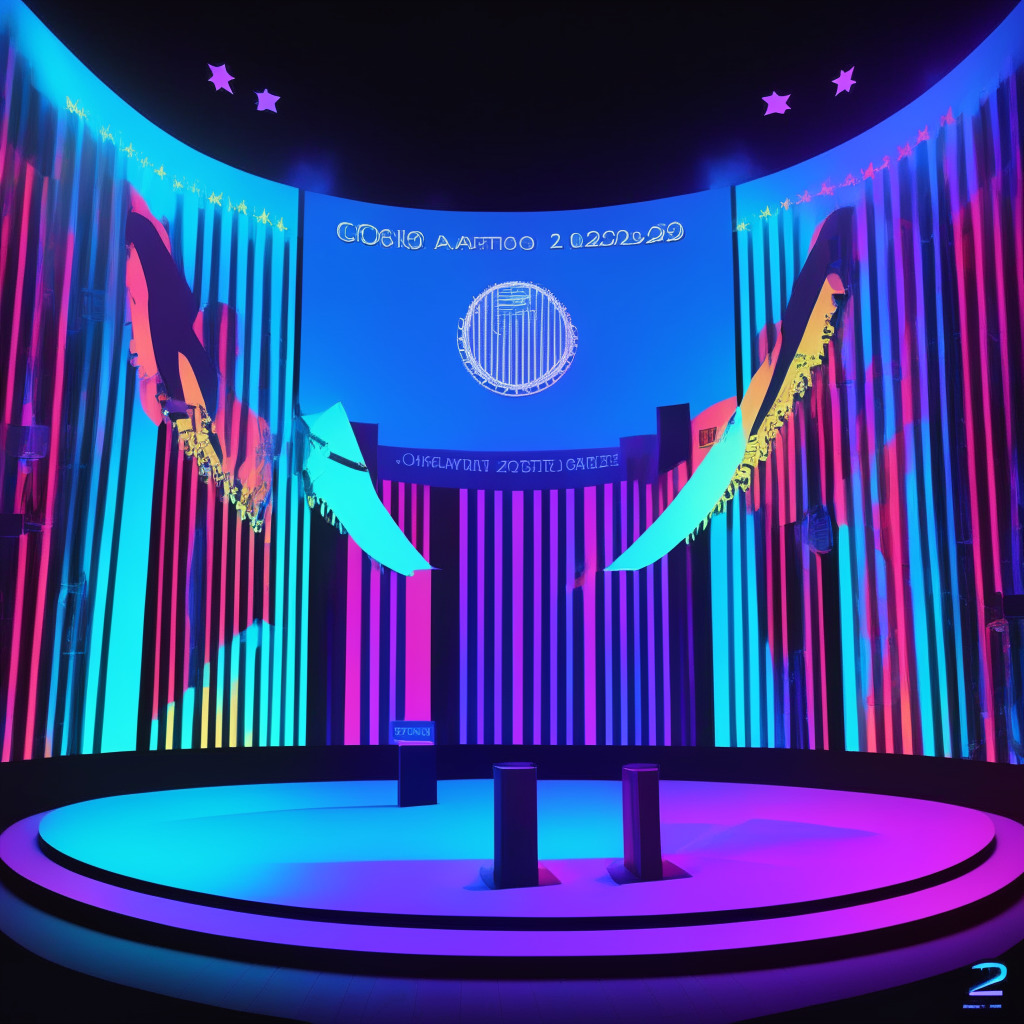 2024 Presidential debate stage, focus on crypto regulation, digital financial future, dusk setting, heightened audience anticipation, candidates passionately advocating for digital asset freedom, looming shadow of dedollarization, vibrant colors to convey mood of change, an artistic blend of contemporary and futuristic styles, subtle hints of American symbols.