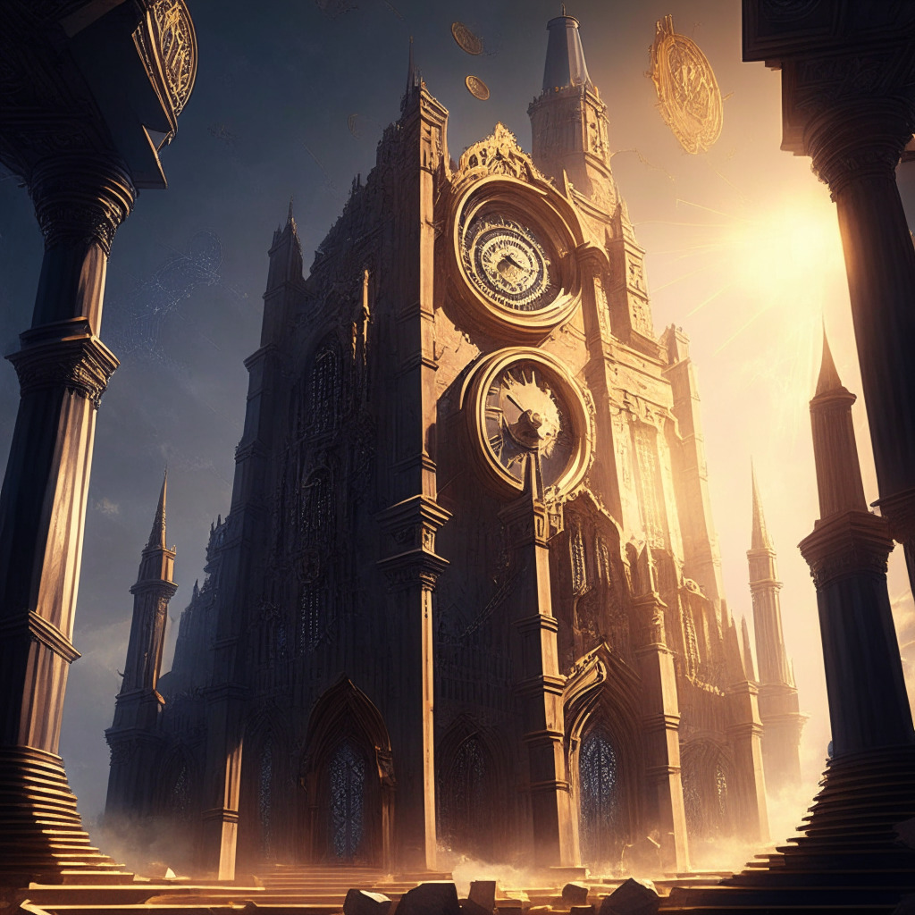 Gothic-style financial fortress, blockchain background, golden Bitcoin climbing skyward, mix of excitement & skepticism in air, warm light permeates the scene, analog clock hints at institutional arrival, shadows cast by traditional finance giants. Maximum 350 characters.