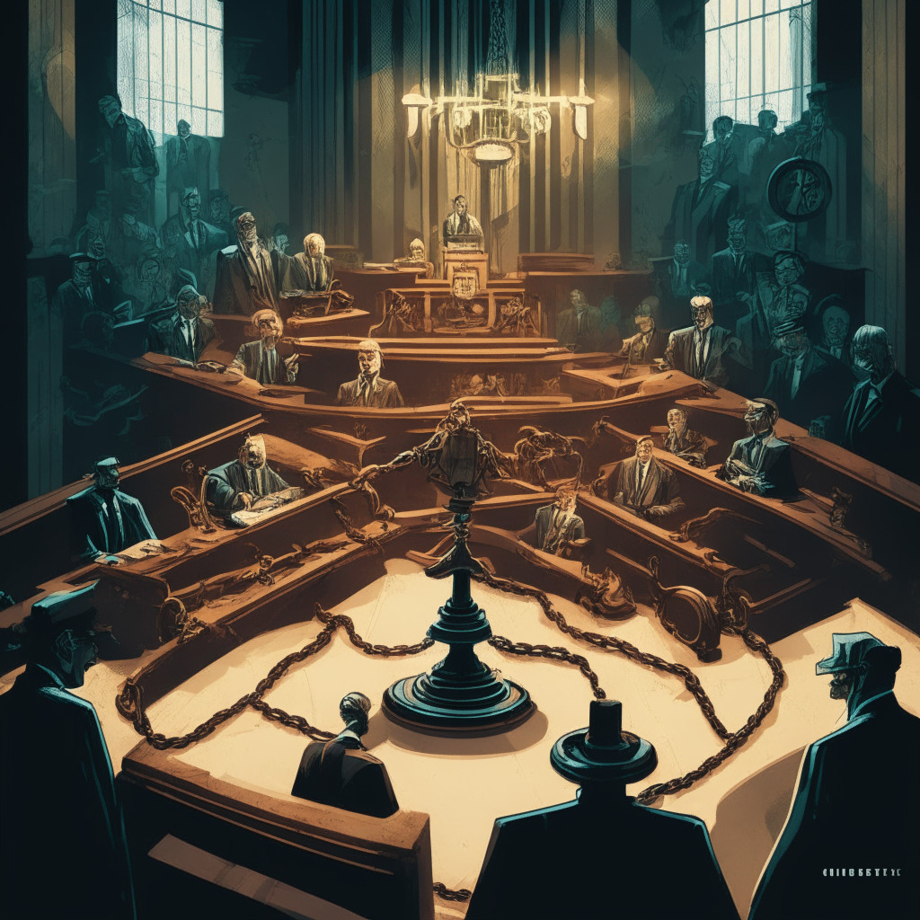Intricate courthouse scene, high contrast lighting, Kyle Davies caricature facing judges, hammered metal backdrop, muted color palette, tense mood, chain links symbolizing legal entanglements, floating non-fungible tokens, shadowy figures representing crypto hedge funds, allegorical scales of justice.