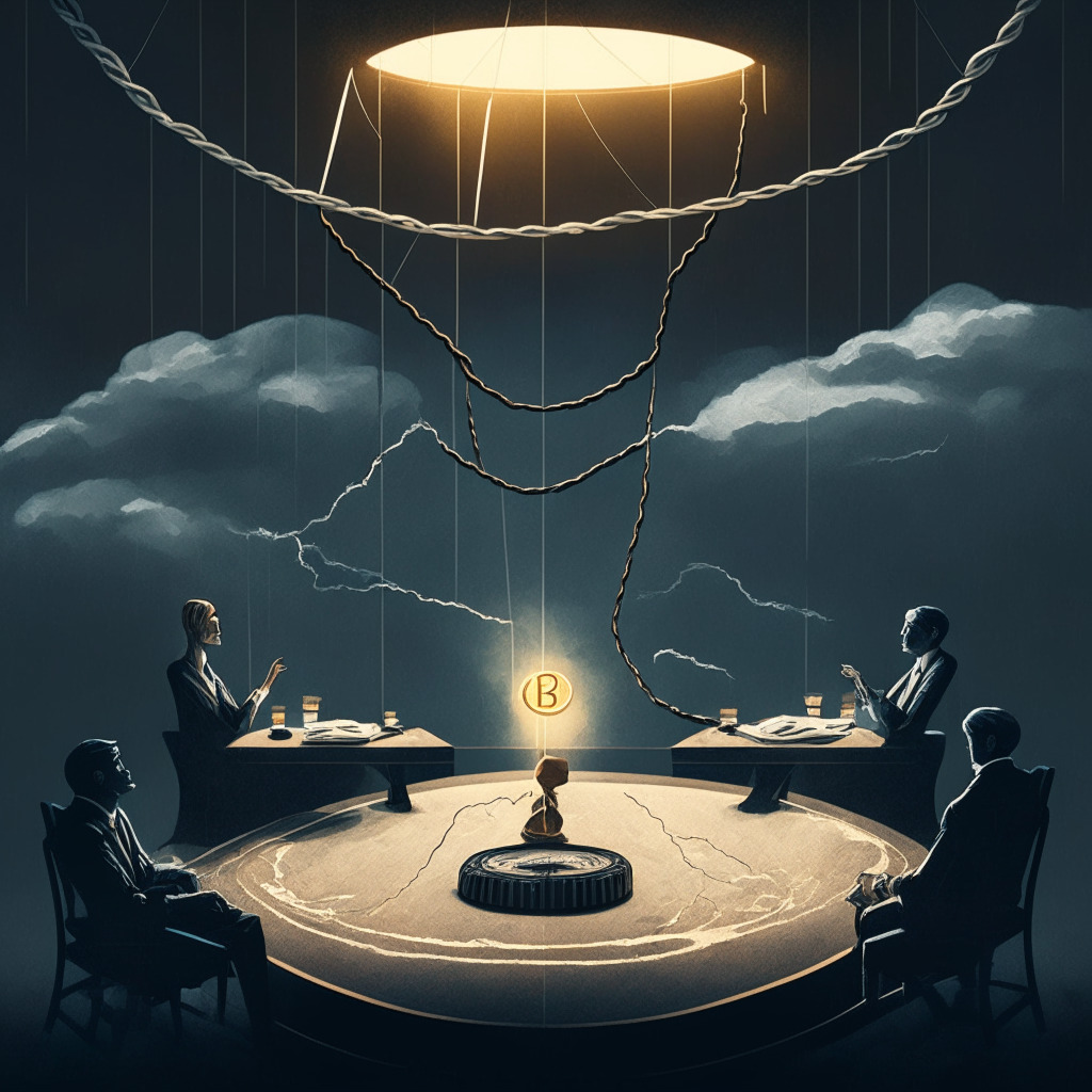 Crypto bankruptcy mediation scene, elements of balance and disagreement, subdued lighting, intense discussion between characters, contrasting stormy and calm atmosphere, air of uncertainty, two sides of a coin representing pros and cons, negotiators on a tightrope prioritizing stakeholders' interests.