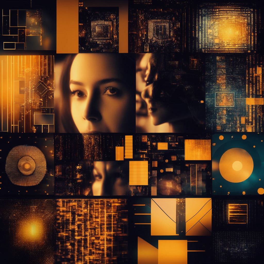 Intricate AI filmstrip collage, diverse video editing tools and interfaces, warm evening glow, abstract geometric patterns, focused creative mood, enhancing artistic workflow, hint of data privacy dilemma, balance between innovation and caution. Max: 350 characters.