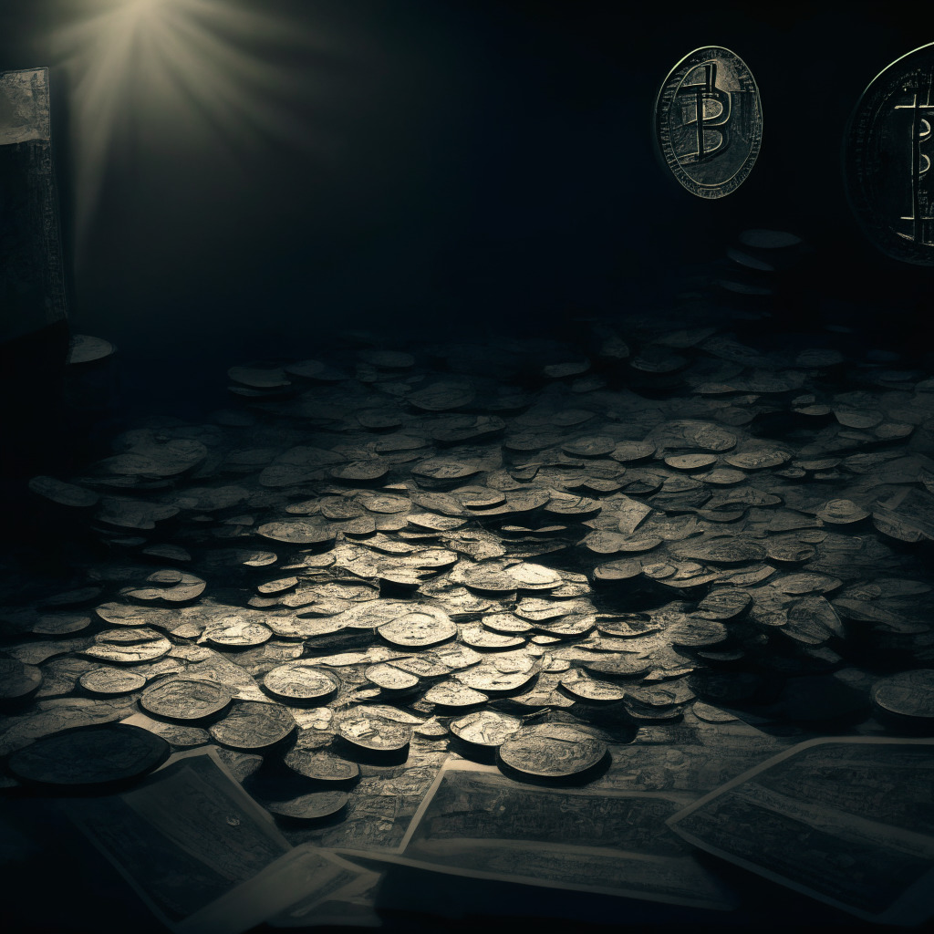 Cryptocurrency regulatory dilemma, a dimly-lit scene in grayscale, congested coins depicting uncertainty, blockchain elements and legal paperwork forming a chaotic composition, contrasting shadows cast by a singular light source, mood of confusion and unease resonating in every intricate detail.