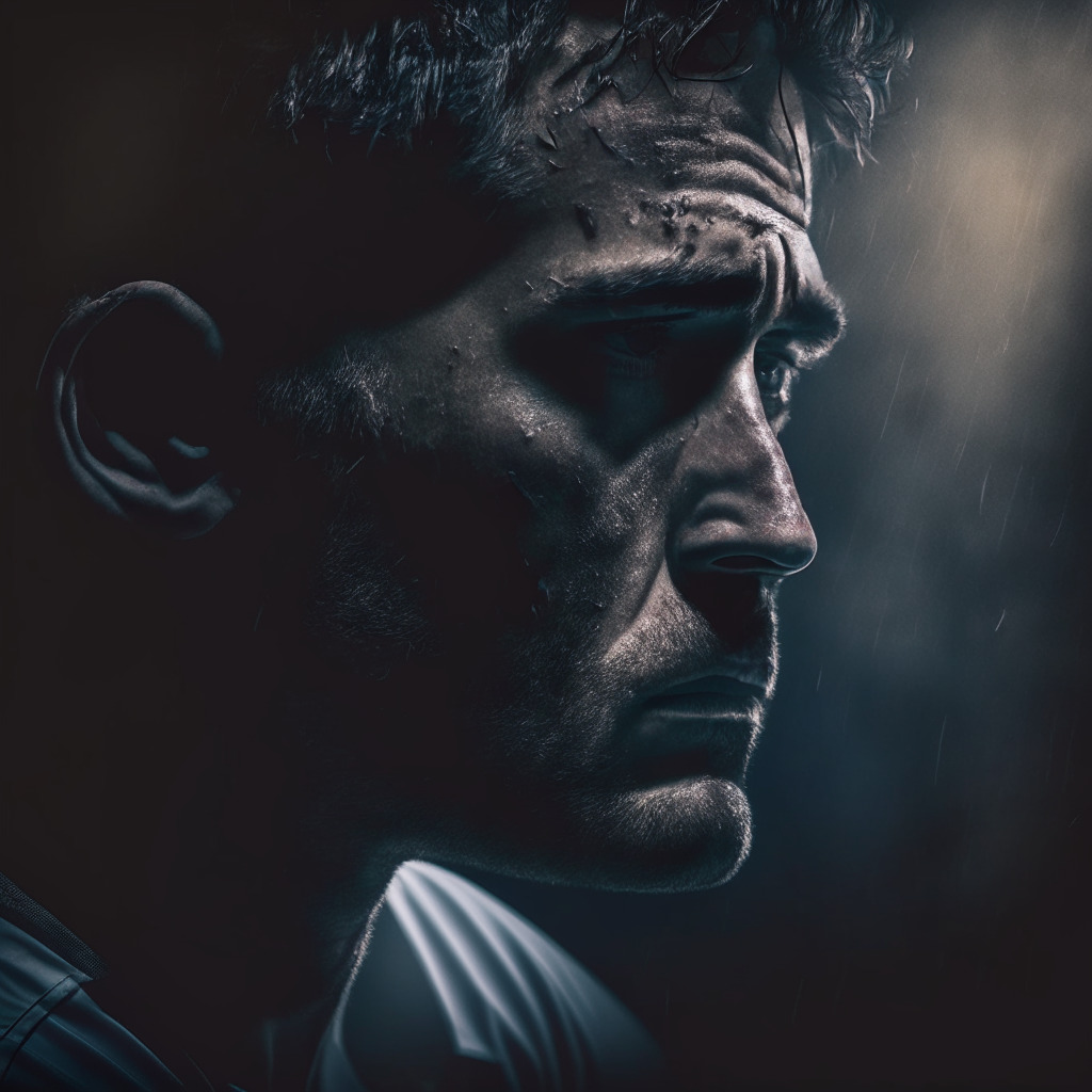 Cricket legend contemplating NFT loss, dark, moody atmosphere, focused facial expression, artistic chiaroscuro lighting, a shattered NFT frame, malicious contract nearby, glimmers of hope in the background, hint of futuristic Web3 elements, poignant blend of technology and emotion.