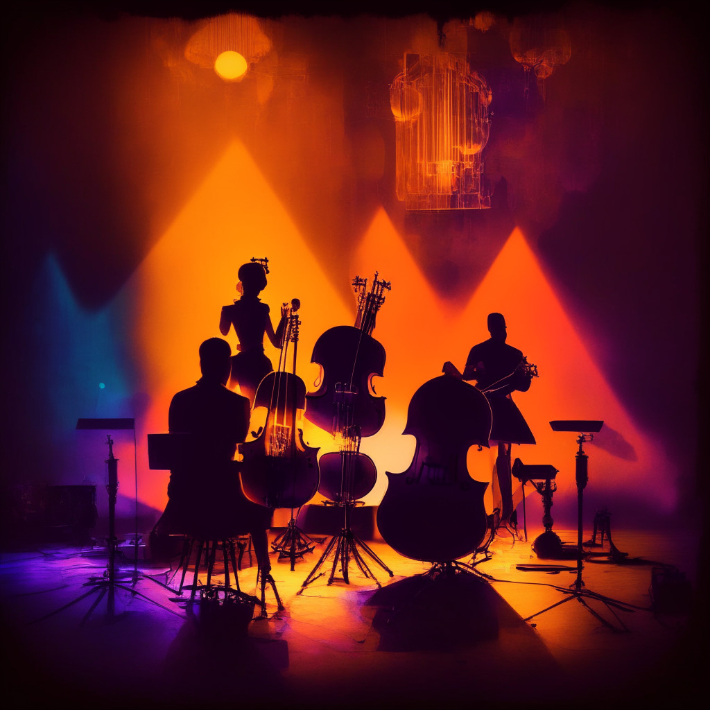 AI-assisted music at Grammy Awards, dimly lit vintage stage with spotlight on human artist & AI-generated collaborator, rich color palette evoking creativity, warm lighting for intimate mood, abstract blend of traditional & futuristic instruments, hint of uncertainty amidst innovation.