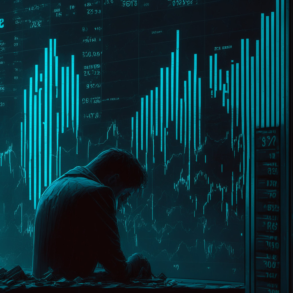 Dystopian crypto market, AI-based tokens in decline, shadowy light setting, US SEC crackdown, somber mood, Graph & Render Tokens plunging, perplexed investors, altcoins tumbling, dramatic chiaroscuro, complex market research, financial responsibility.