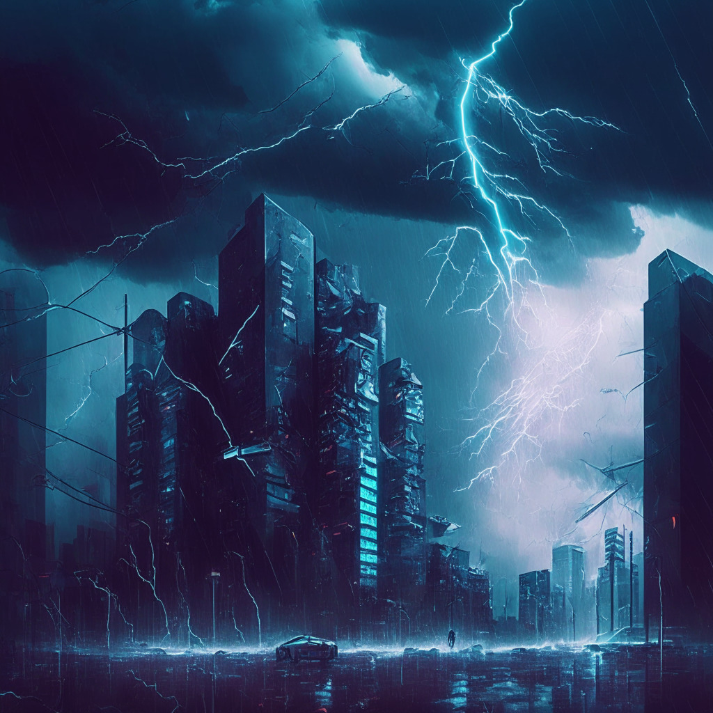 AI-driven parametric insurance scene, blockchain technology, stormy weather, lightning illuminating a futuristic city, smart contracts in action, rapid payouts, transparent loss calculations, adaptability, innovation in insurtech, moody, dramatic, tech-inspired art style, promising future.