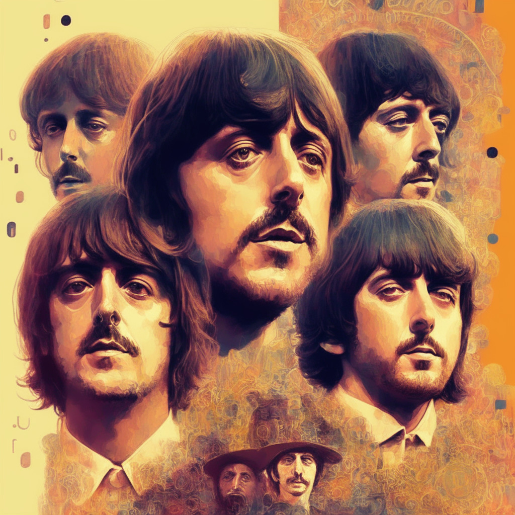 Unfinished Beatles song brought to life with AI, 70s Lennon demo, Paul McCartney, sunny vintage atmosphere, whimsical art style, nostalgic mood, AI voice separation technology, final Beatles release, sense of closure, music's blockchain future.