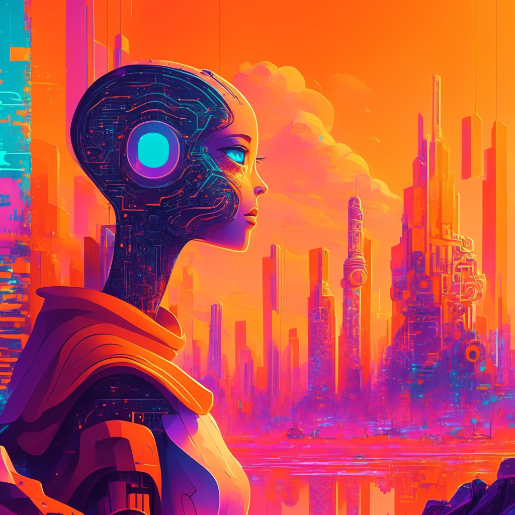 Futuristic AI chatbot in a vivid crypto landscape, warm hues, digital city backdrop, sharp contrasts, complex web of networks, ChatGPT featured prominently, an air of innovation, cautious optimism, engaging with diverse crypto users, a hint of challenge in handling complex queries, expressive, dynamic composition.