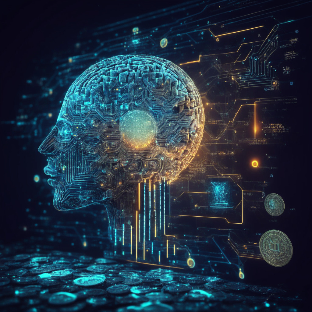 AI coins on the rise, intricate cybernetic design, GRT, AGIX, and RNDR as futuristic digital coins, glowing AI brain, financial graphs in background, chiaroscuro lighting, optimistic mood, potential long-term gains, no logos.