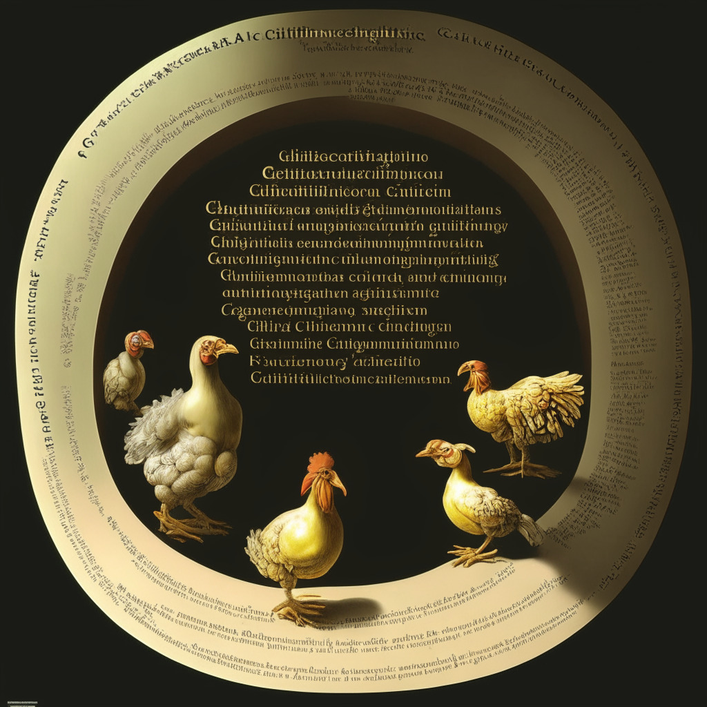 AI solving chicken-or-egg debate, 1st century paradox, evolution explanation, causality conundrum, circular paradox, scientific clarity, radiant enlightenment, shadows of skepticism, late afternoon contemplation, rich hues of knowledge, intricate details, thought-provoking atmosphere, delicate balance of AI and human discourse, timeless wisdom against modern technology.