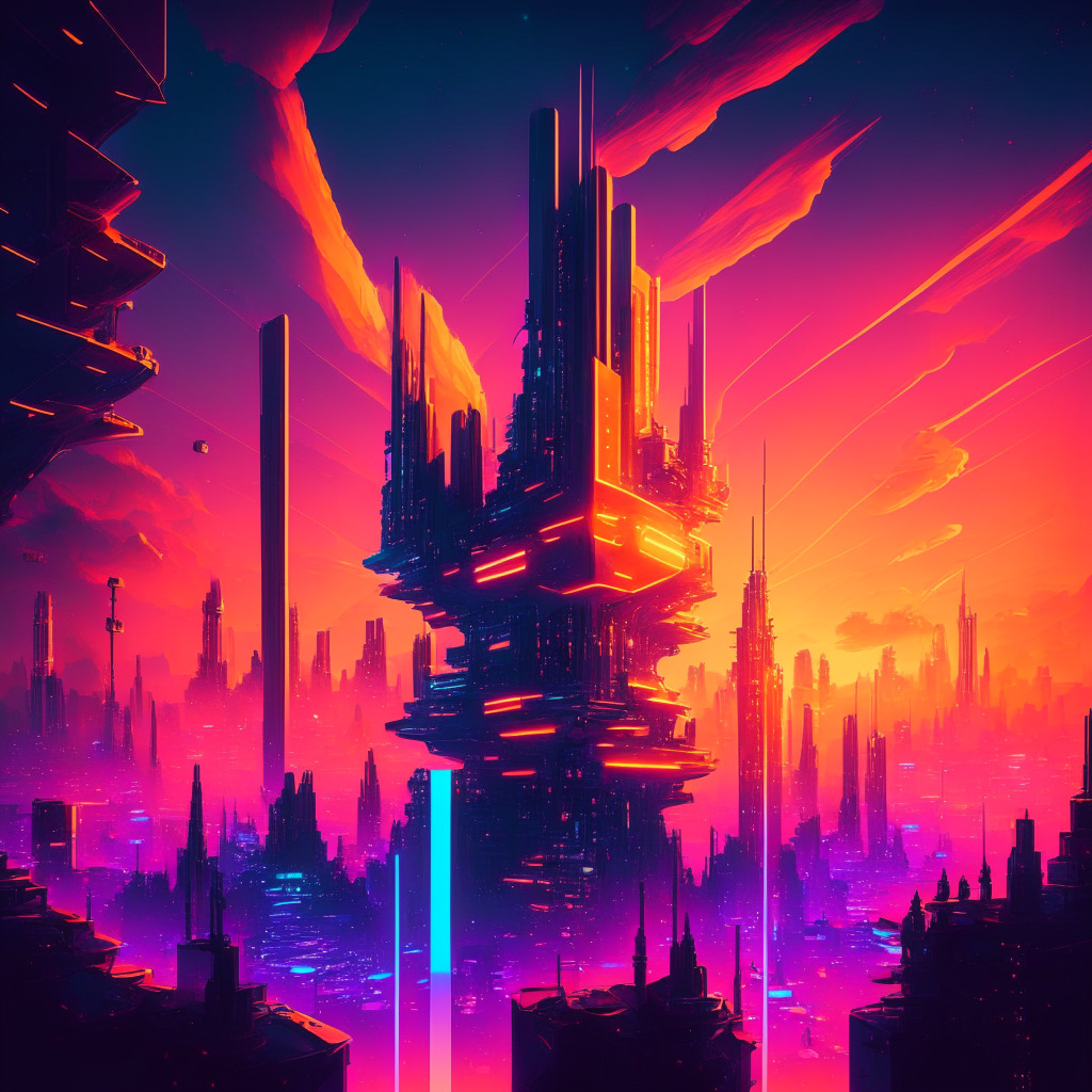 Intricate cyberpunk cityscape, artistic low-poly style, glowing neon lights, multiple AI-powered projects as futuristic structures with InQubeta tower in the center, QUBE tokens flying around, radiant sunset sky, contrasting shadows, intense energetic mood.