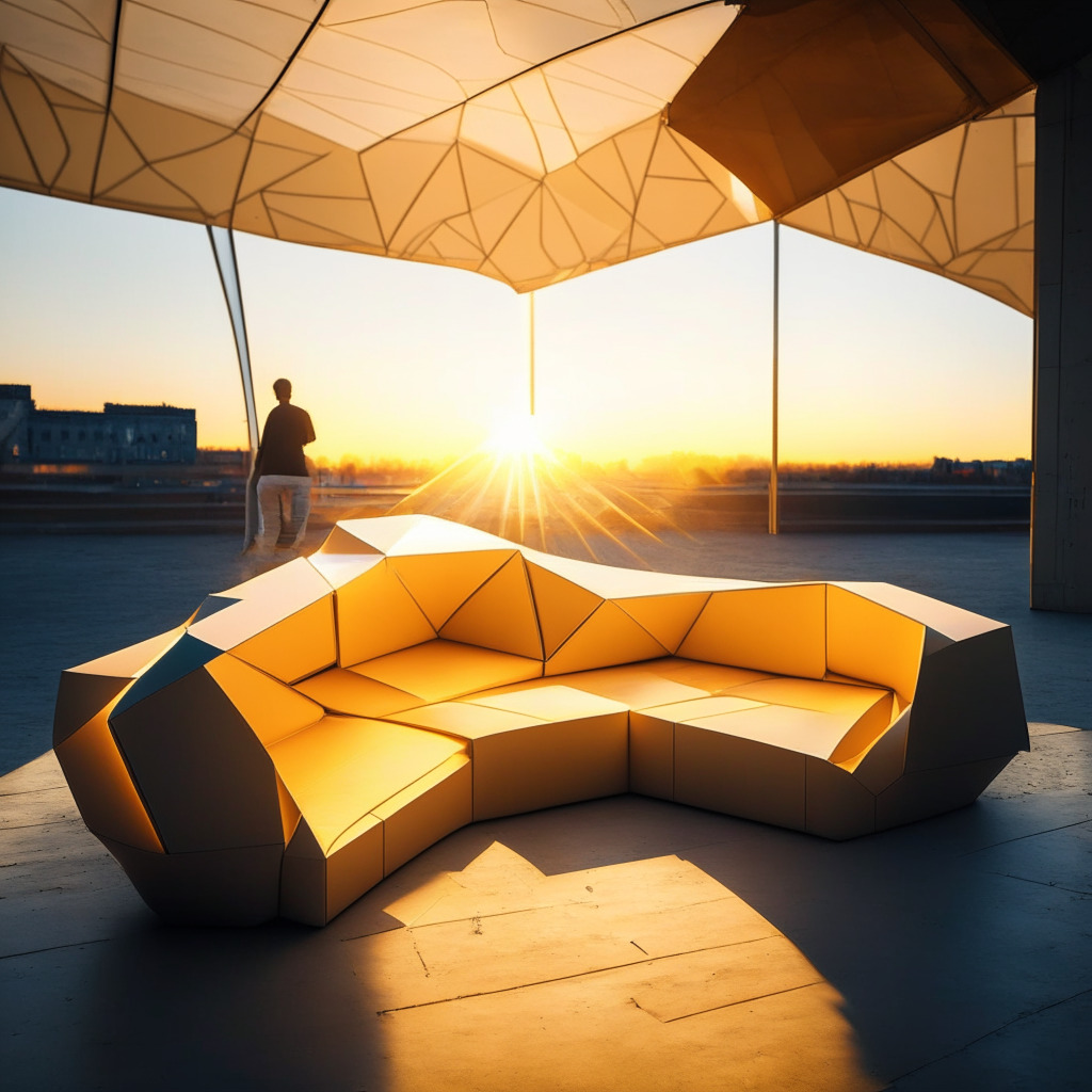 Futuristic flat-pack sofa in envelope, AI-designed, conversation pit, modular, lightweight, sustainable materials, Copenhagen Architecture Festival backdrop, warm golden-hour glow, sharp contrasts, touching on potential AI concerns, optimistic yet thought-provoking ambiance.