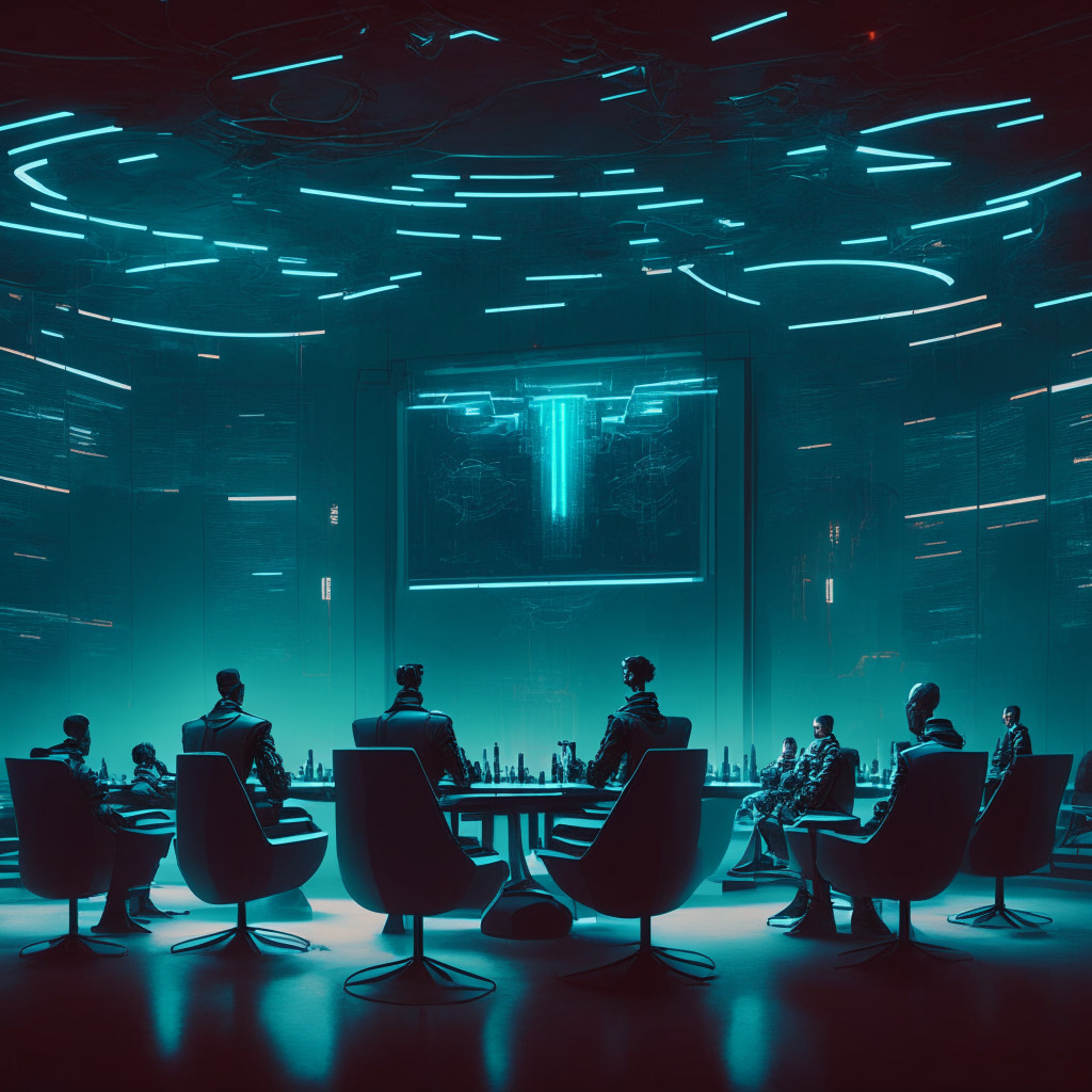 Futuristic debate scene, AI regulation discussion, warm ambient lighting, intricate cyberpunk aesthetic, passionate speakers, diverse audience engaged in conversation, mood of concern and responsibility, tension between innovation and safety, policymaking process visible, sense of urgency and collaboration.
