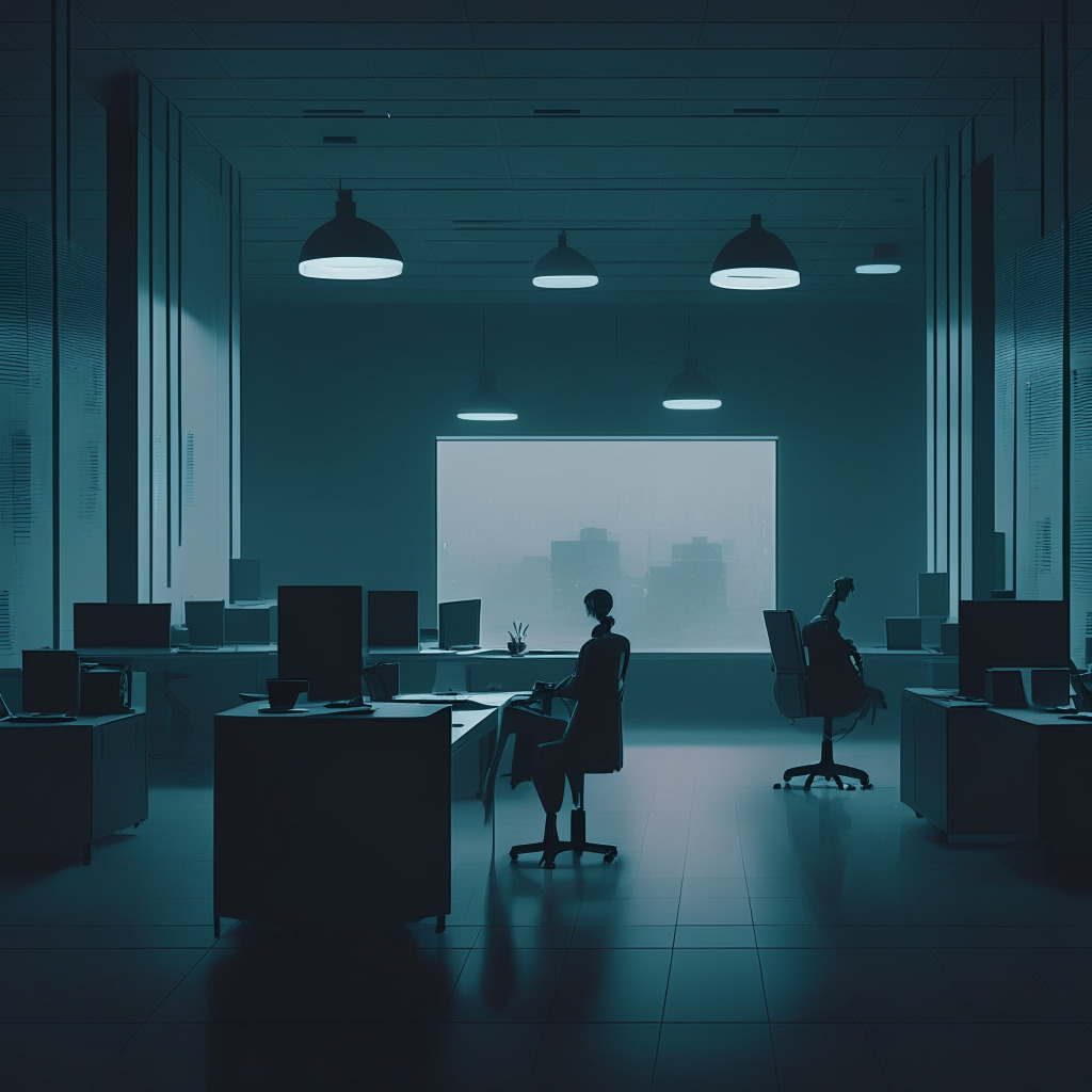Futuristic office scene, somber atmosphere, dim-lit setting, AI chatbot at a computer, HR professional handing out termination letters, employees carrying boxes, contrast of cold AI efficiency and human empathy, empty chairs in the background, dusky color palette, gloomy mood.