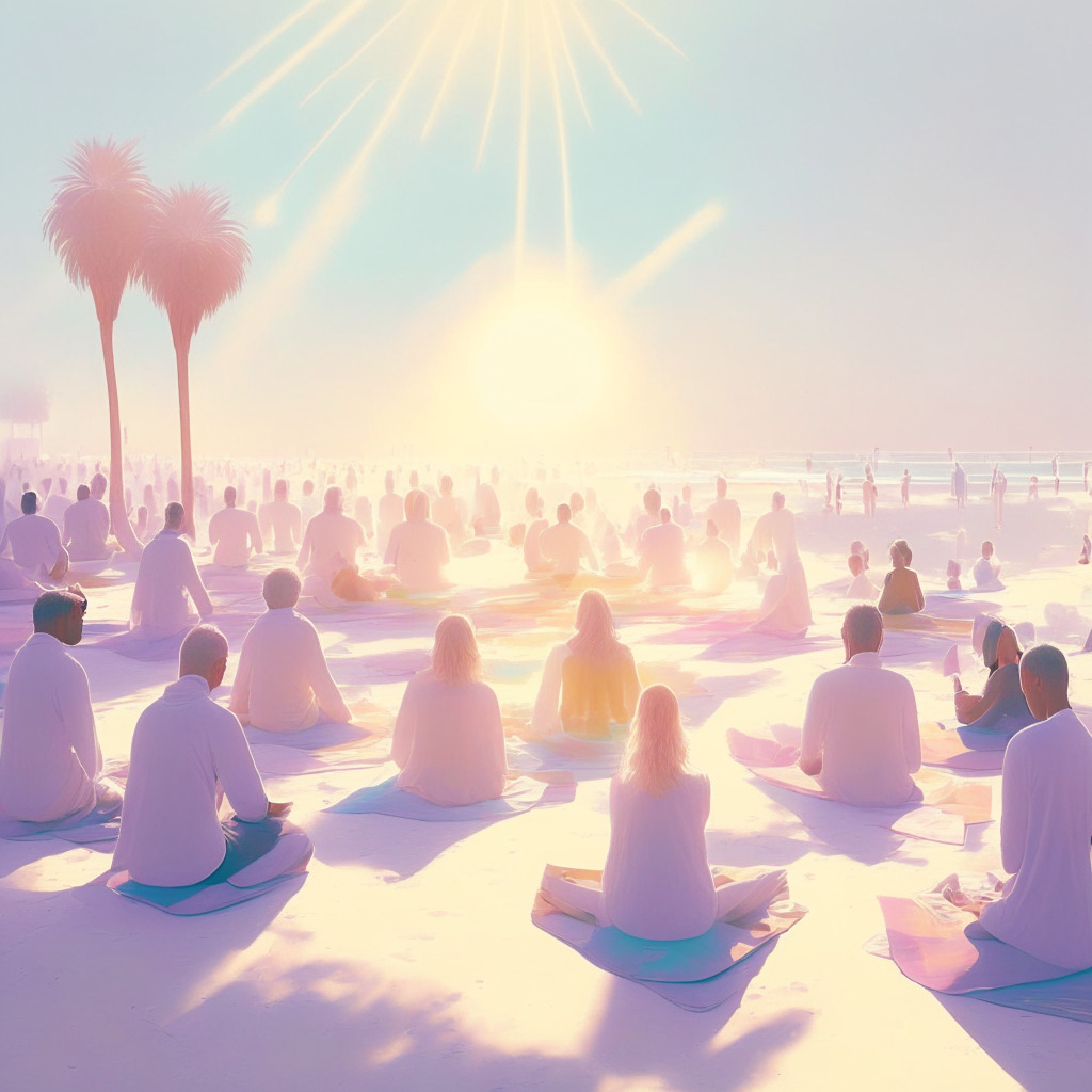 Sunny Venice beach scene, AI-guided meditation session, diverse group of people meditating, calm atmosphere, warm glowing light, soft pastel colors, soothing natural elements, AI hologram gently guiding meditation, futuristic yet serene setting, hint of skepticism as human coaches observe. (348 characters)