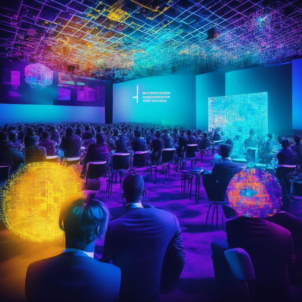 AI & crypto fusion, illuminated conference setting, vibrant colors, AI analyzing blockchain code, futuristic battlefield using AI tech, ethical question cloud, balance of innovation & practicality, data centers with renewable energy, two paths merging with AI learning from crypto's hype, focus on long-term benefits, lively atmosphere, disruptive tech harmony.