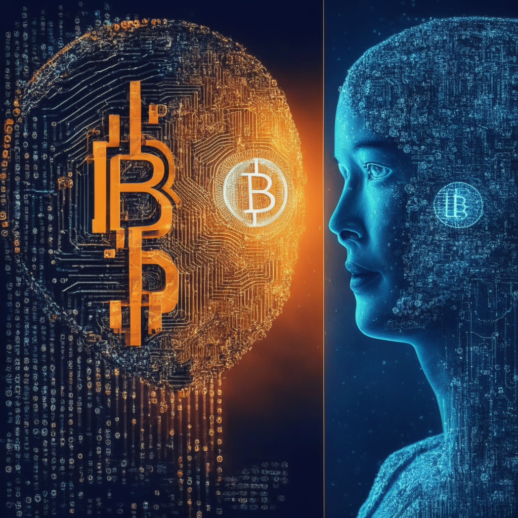 AI vs Bitcoin popularity battle, innovative tech dawn, expert skill surpassing AI, moody contrast in global search trends, radiant future AI potential, China's consistent interest in AI, stormy crypto events, vivid AI advancements, subtle skepticism, unmatched 2017 Bitcoin hype, luminescent world of technology.
