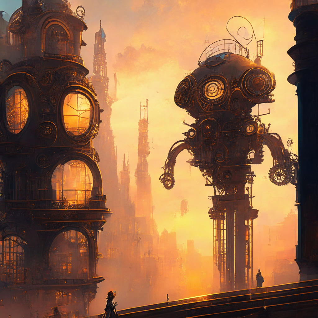 Intricate steampunk cityscape fusing modern and historic architecture, AI-powered robots interacting with diverse humans, warm sunset hues, impressionist style, ethereal glow, mood of innovation and responsibility, policymakers and AI experts collaborating, a balance beam symbolizing ethics and progress.