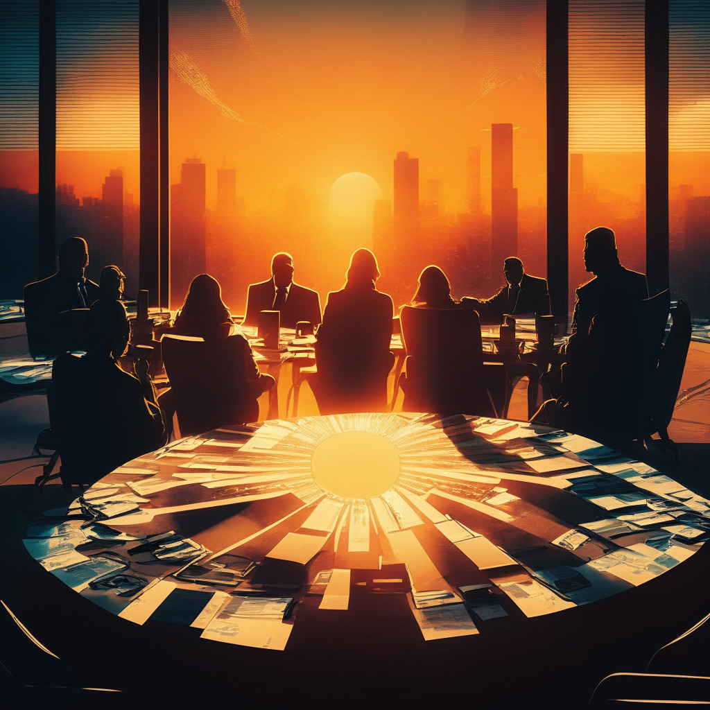 Sunset over a roundtable discussion of diverse individuals, shadows emphasizing facial expressions of concern, curiosity, and determination, warm inviting glow of hope lighting the meeting room, complex documents with risk matrices and AI applications scattered on a table, futuristic cityscape outside window, tones of optimism, caution, and innovation.
