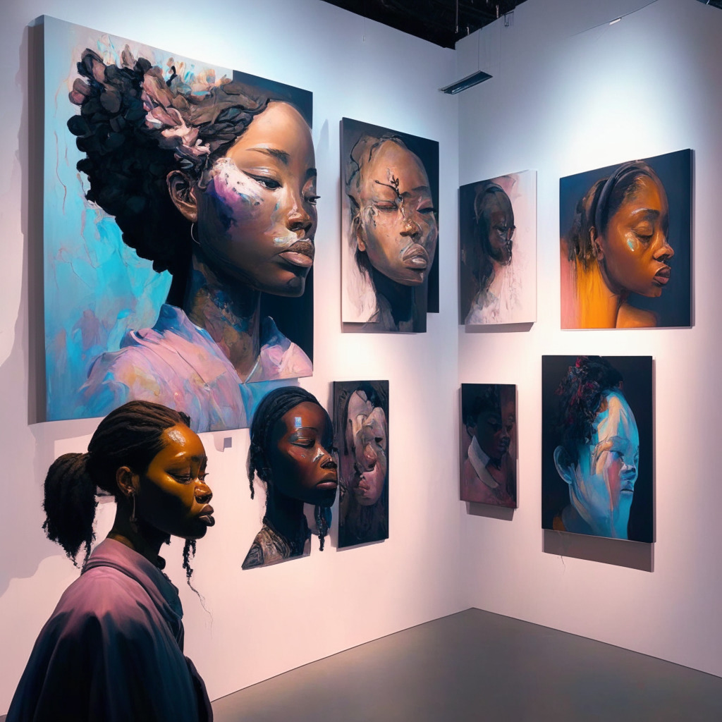 Intricate gallery space with diverse AI-generated art pieces, lively brushstrokes, soft pastel colors, dim ambient lighting, mixed emotions on warped faces, empowering and challenging mood, prominent people of color, subtle distortions emphasizing cultural biases, serene yet thought-provoking atmosphere.