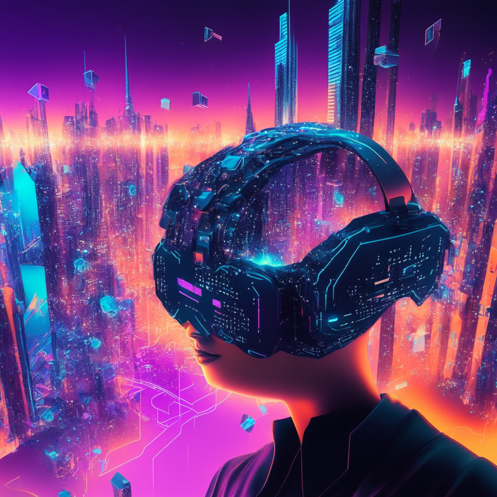 Meteoric rise of AI tokens, Apple WWDC 2023 VR headset reveal, blockchain-based GPU rendering network, AR/VR industry booming, moody atmosphere, futuristic city skyline, intricate circuitry patterns, holographic token visuals, digital art style, interplay of cool and warm colors, dynamic light setting, optimism and uncertainty.
