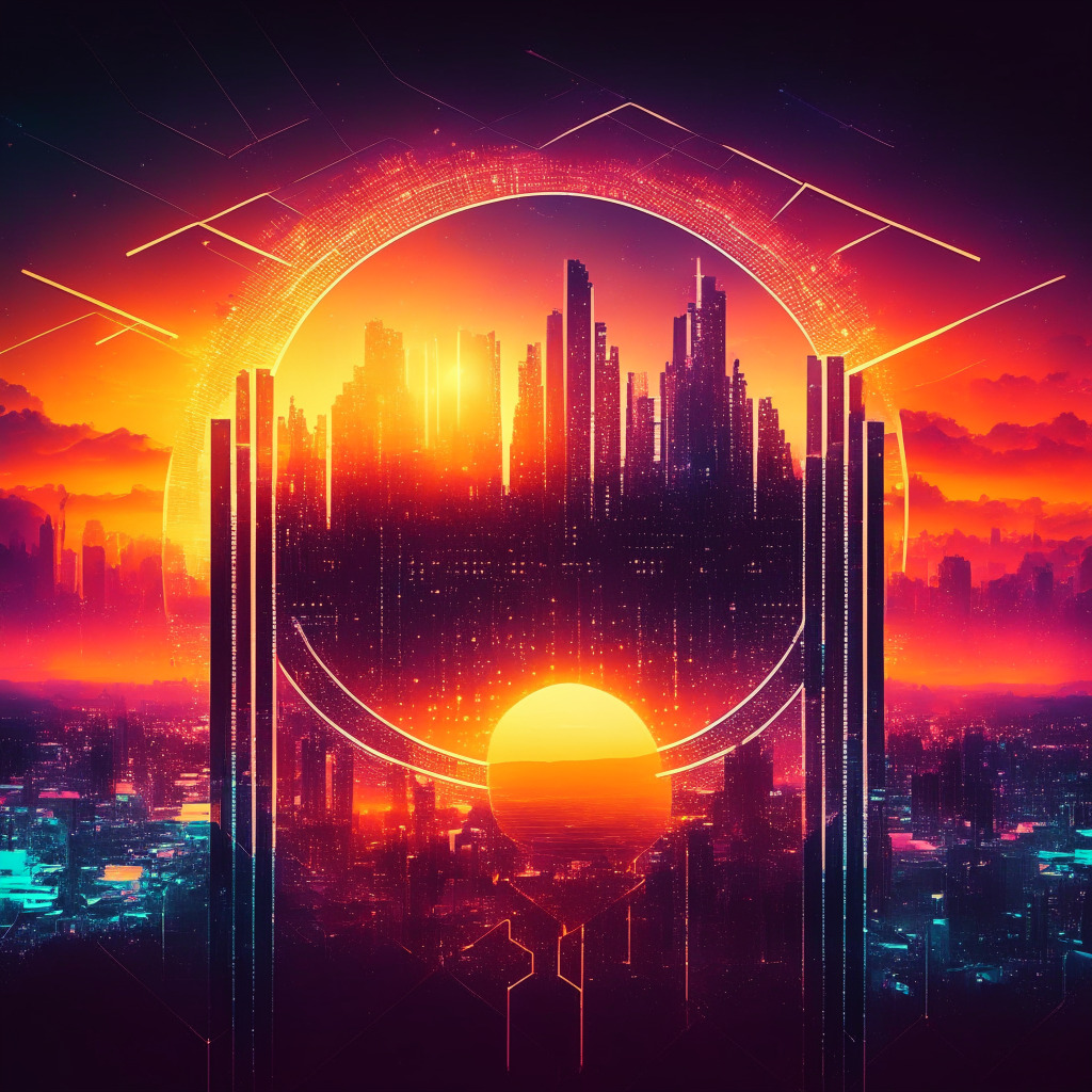 AI-crypto synergy, futuristic skyline, blockchain & AI symbols interconnected, warm sunset glow, cyberpunk aesthetic, empowering mood, users in control of assets & data, data privacy, decentralized technologies, transparency, integration, innovative future.