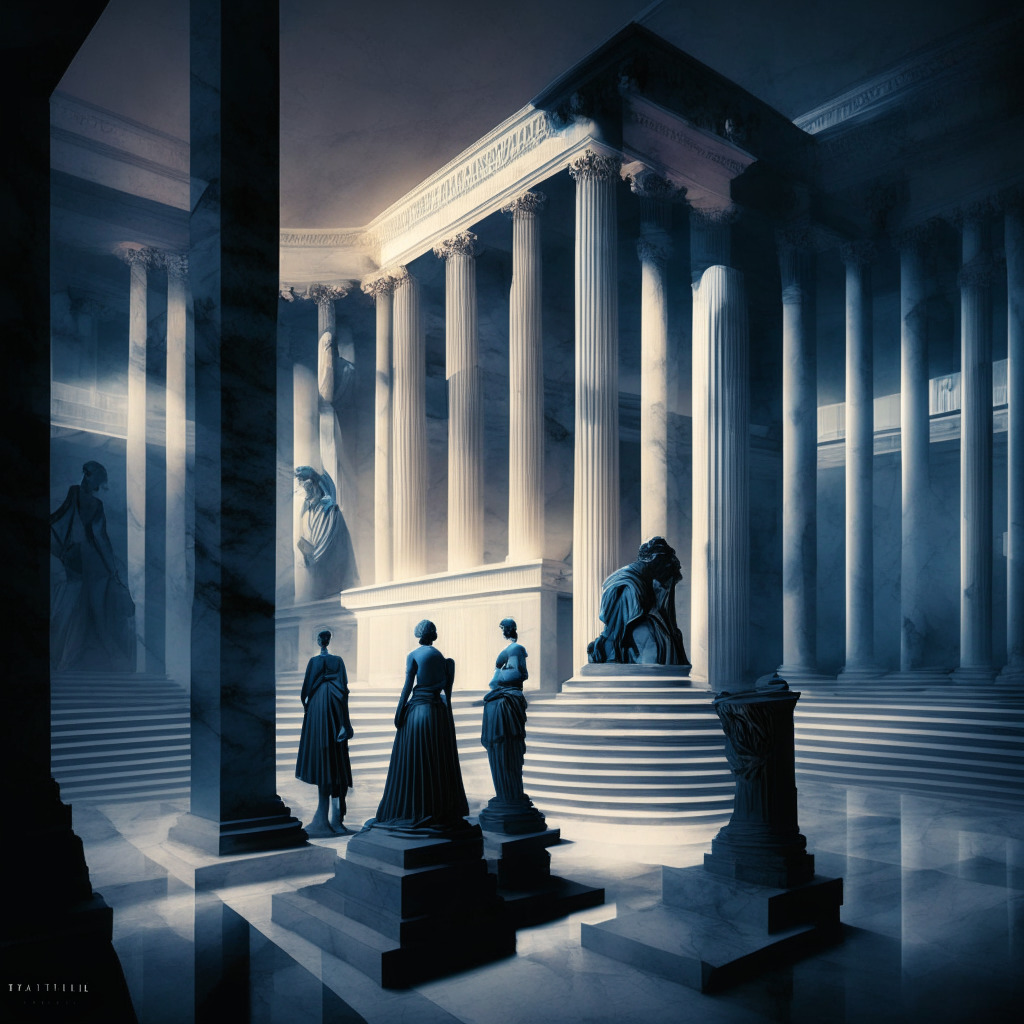Twilight Capitol scene with subdued hues, AI model working with legislative text, blend of modern & classic art styles, thought-provoking mood, policymakers discussing balance, intricate shadows & light reflecting on marble surfaces, focus on privacy protection & innovation coexistence.