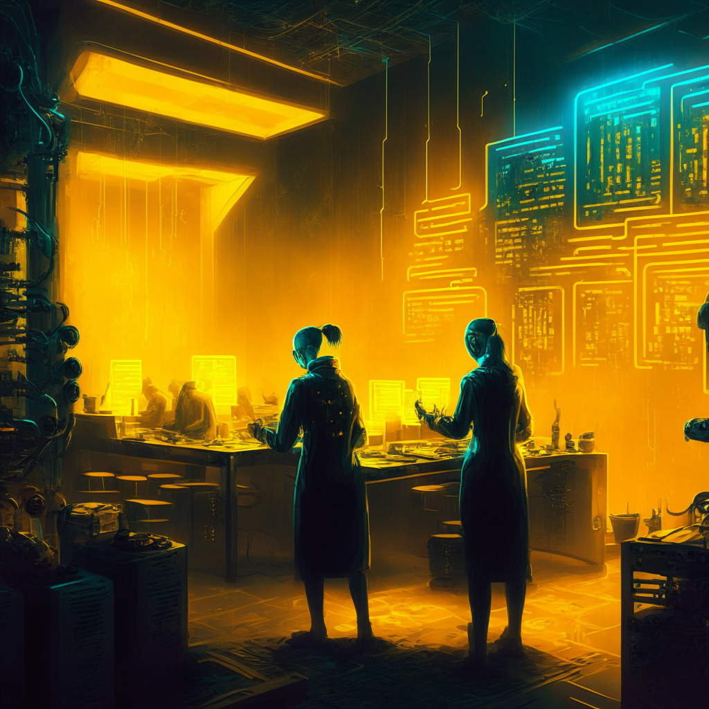 Futuristic crypto trading room, human expert overseeing AI in action, intricate circuitry patterns, dynamic digital currency symbols, contrasting colors highlighting human-AI collaboration, soft warm yellow light, oil-painting style, tech-noir ambience, tense & engaging atmosphere.
