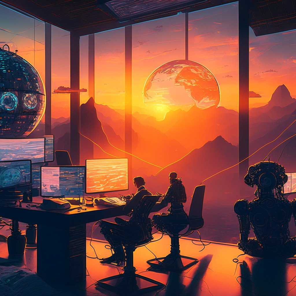 Sunset-lit, futuristic newsroom, AI assisting journalists, human & robot co-working, atmosphere of collaboration, dynamic balance, subtle steampunk art style, holographic globe, ethical concern notes. AI robots sift through mountains of data, human editors focus on high-stakes stories, blurred line of tech assistance & human expertise.