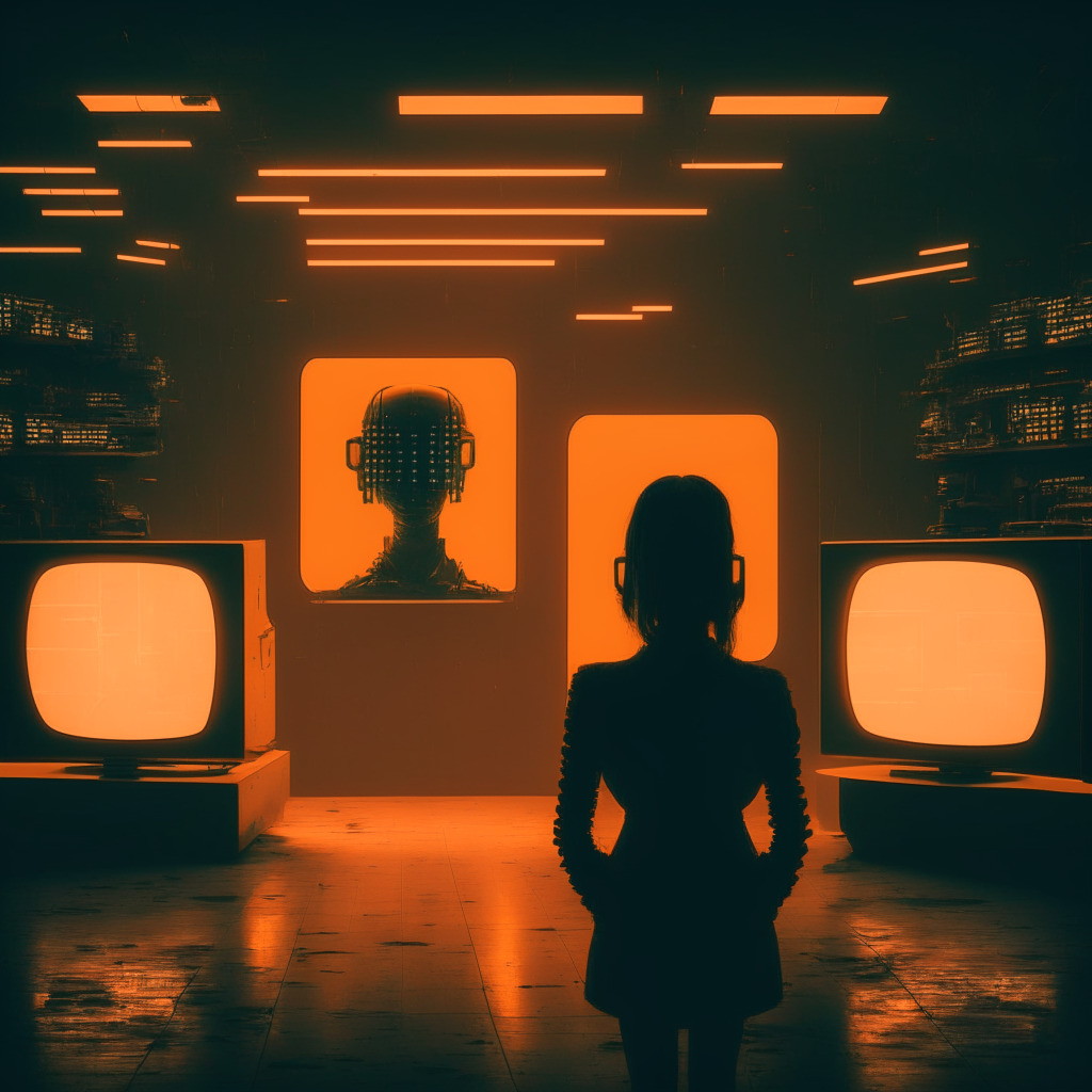 Dystopian TV set, warm-hued spotlight illuminating conflict between human screenwriter and AI chatbot, tense ambiance, mix of retro & futuristic technology, prominence of originality vs plagiarism debate, somber artistic tone, nuanced shadows hinting at uncertainty in the entertainment industry.