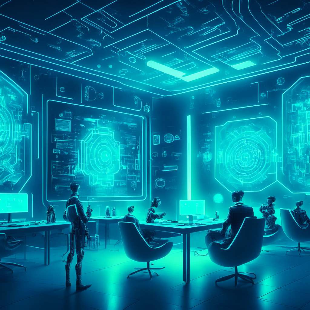 Futuristic cyber security room with AI and human auditors analyzing smart contracts, glowing holographic Ethereum blockchain, intricate Turing-inspired art style, soft blue-green lights showcase details and tech accents, collaboration and dynamic atmosphere, mood of discovery, innovation and teamwork.