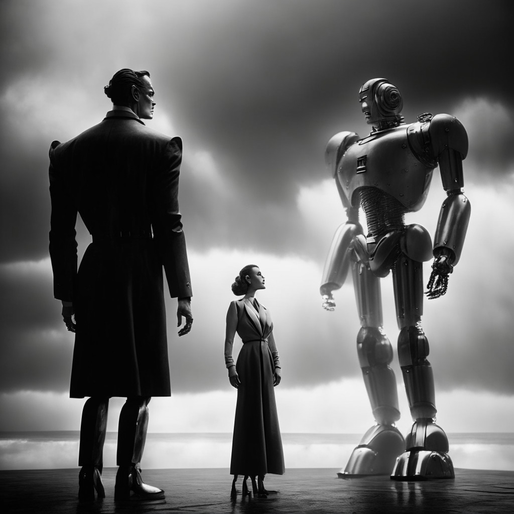 Vintage movie set, AI robot standing with striking actor, both under dramatic spotlight, cloudy backdrop, chiaroscuro lighting, intense negotiation atmosphere, human and AI merging, futuristic art-deco style, somber mood, ethical dilemma of image and likeness consent, balance of power in entertainment.