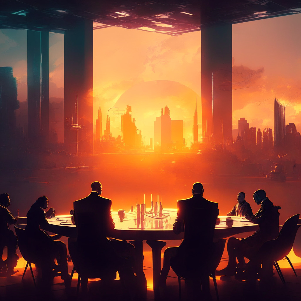 AI vs human governance debate, futuristic city backdrop, global leaders discussing around a table, digital AI holograms, warm sunset light casting intricate shadows, muted colors for serious undertones, a blend of renaissance and cyberpunk art styles, tense atmosphere indicating the gravity of the subject.