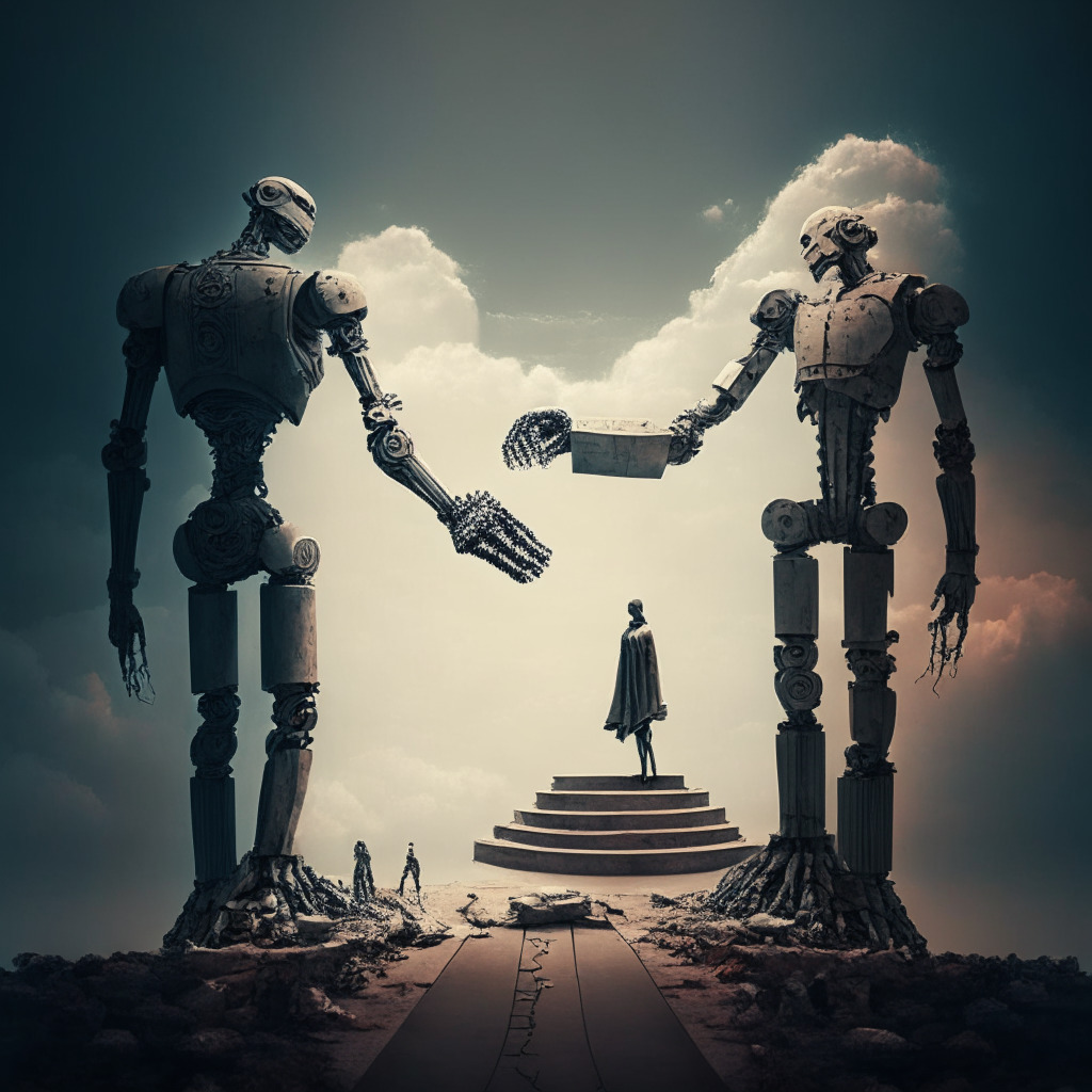 AI ethical crossroad scene, humans and robotic hands balancing on a scale, Renaissance style, soft chiaroscuro lighting, Earth in the background, juxtaposition of abundance and catastrophe, contemplative mood, symbolic representation of progress, hint of urgency, bright and dark hues.