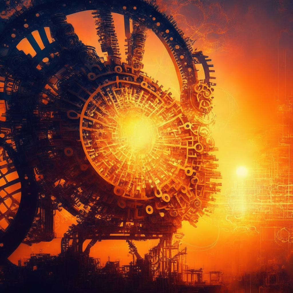 Intricate machinery at work, diverse languages intertwining, a neural network, warm-hued sunrise symbolizing dawning technological advances, intense concentration & focus, the exchange of information, an abstract artistic style, gentle glow of emerging light, a hopeful & transformative mood.