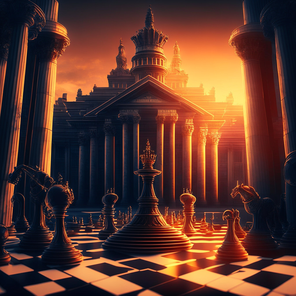 Intricate courthouse facade, scale of justice, Coinbase and ARK Invest logos on a chessboard, financial charts as background, sunset glow, chiaroscuro lighting, baroque style, ambiguous expressions on chess pieces, dynamic composition, mood of tension and anticipation, authority meets innovation, need for regulatory clarity in crypto. (350 characters)