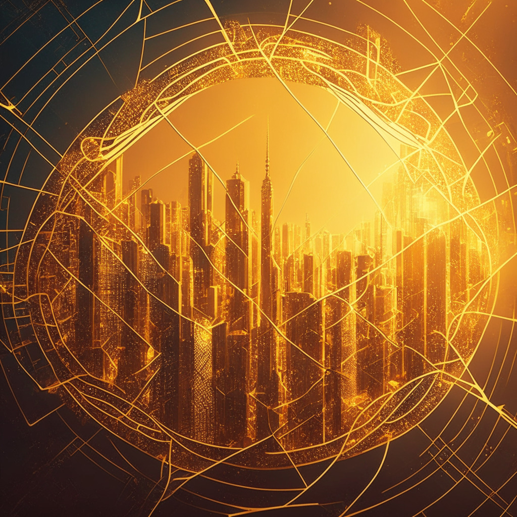 Intricate network of connected coins, warm golden light illuminating a futuristic city skyline, abstract geometric patterns contrasting tradition and innovation, tension between DeFi growth and concern for sustainability, a balance of risk and reward, cautiously optimistic atmosphere.