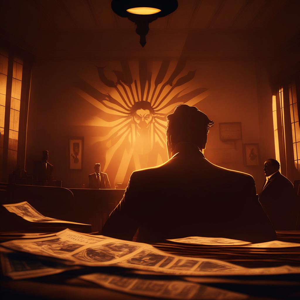 Sunset-lit courtroom, intense atmosphere, dramatic shadows, troubled CEO in foreground, Texas emblem on wall, cryptocurrency icons subtly placed, documents lying on wooden table, expressive faces, Baroque art style, contrasting light and dark, turbulent mood, hint of uncertainty in the air.