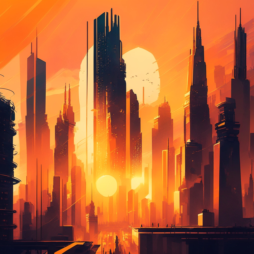 Intricate cityscape with futuristic architecture, cryptocurrency symbols embedded in buildings, diverse group of investors discussing, dramatic sunset casting a warm glow, contrasting shadows and highlights, expressive brush strokes depicting regulatory tension, air of cautious optimism.