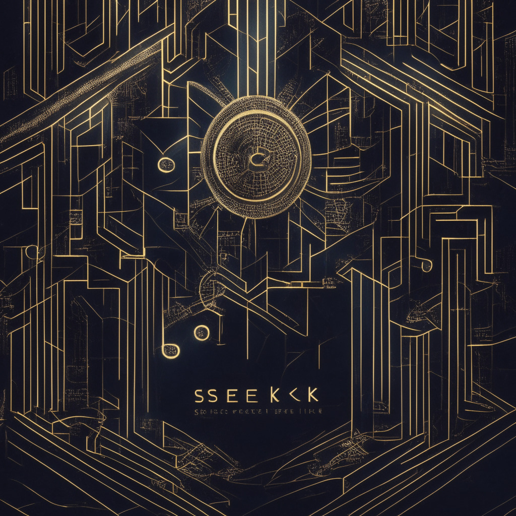Sleek proof-of-stake blockchain, Art Deco style, dramatic chiaroscuro lighting, intense mood, protocol upgrade scene, speeding transaction symbol, gears and code snippets, block time reduction, developer tools imagery, hint of network congestion, balancing progress and risks, background cryptocurrency value rise.