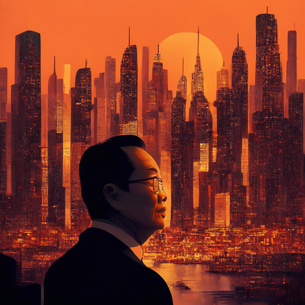 Intricate Beijing cityscape at dusk, Alibaba founder Joseph Tsai as Chairman, subtle crypto elements in the background, warm low-light ambiance, hints of Web3 technology and networks, interconnected retail and technology divisions, mood of anticipation and transformation, emerging NFT presence, semi-abstract artistic style.