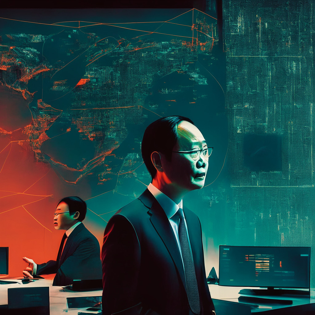 Chinese tech giant's leadership change, atmospheric boardroom, Joe Tsai at the helm, Daniel Zhang stepping down, subtle glow of screens, hints of blockchain diagrams, investment portfolio showcasing FTX, Polygon, and Artifact Labs, mix of traditional and futuristic vibes, dynamic shadows, ever-changing environment, a digital yuan swirling, cautious optimism amidst regulatory uncertainty.